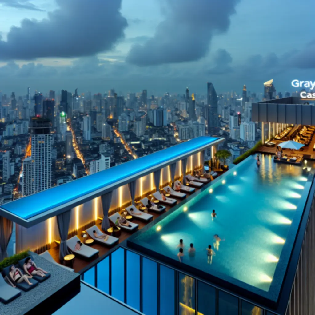 GraytonLux infinity pool in Asia overlooking a city skyline at twilight