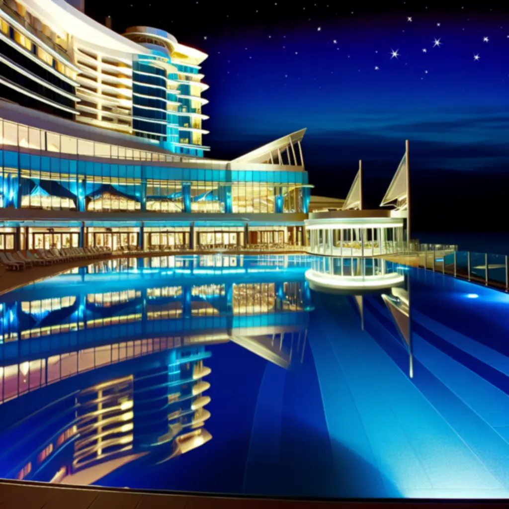 GraytonLux casino hotel overlooking the Australian waterfront illuminated at night