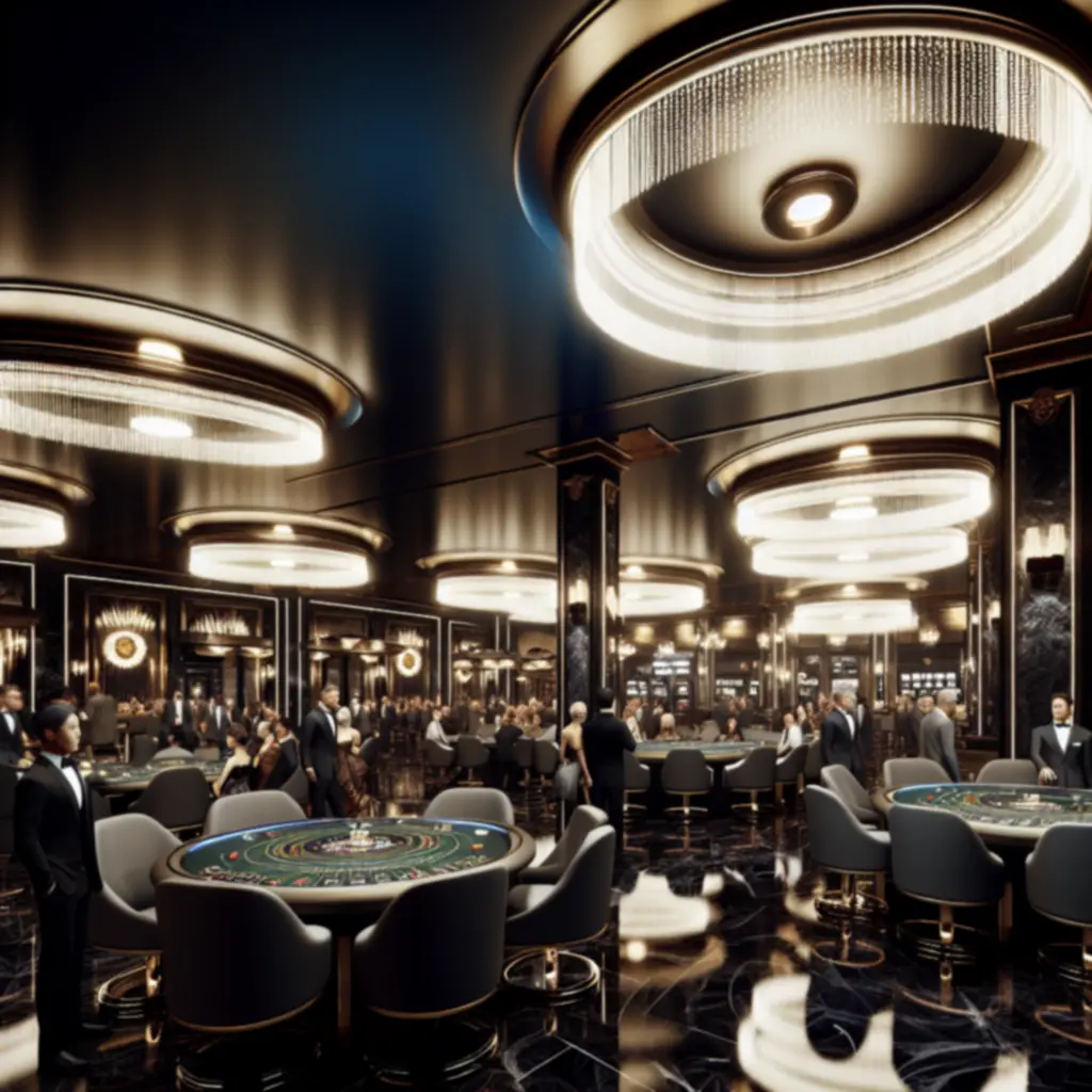 Luxury GraytonLux casino main floor with gaming tables and cinematic lighting