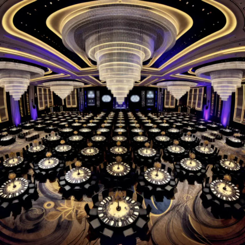 Cinematic GraytonLux hotel ballroom prepared for a luxury gala event