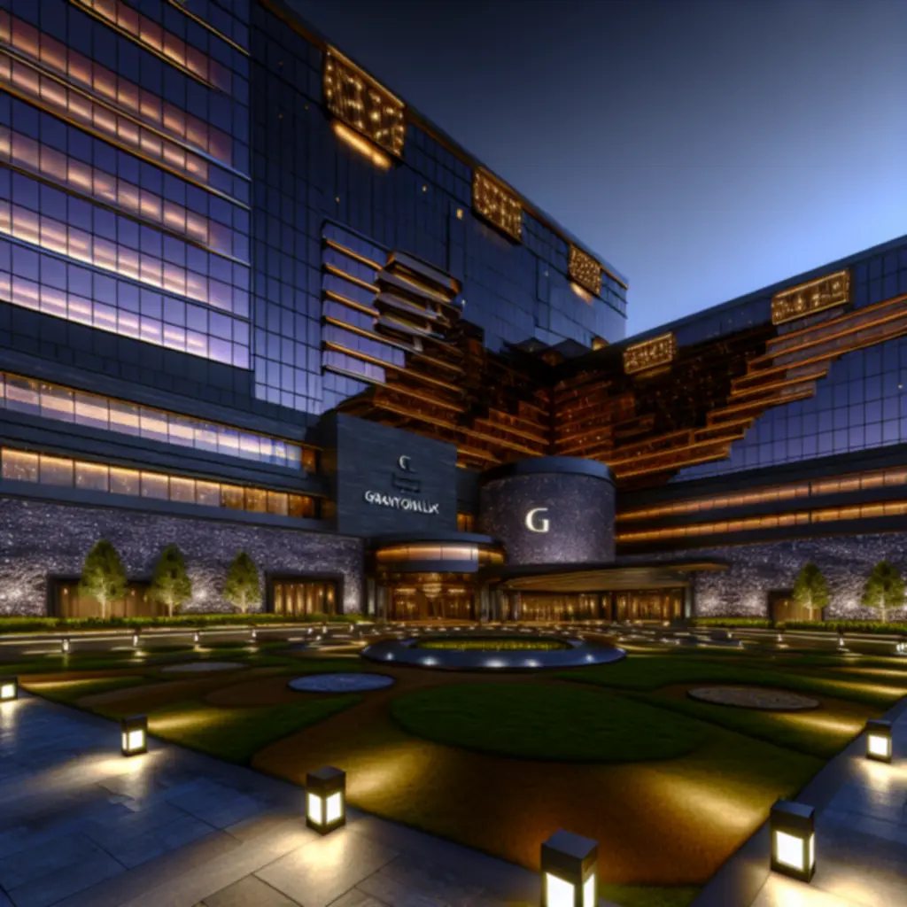 Cinematic exterior of a GraytonLux luxury casino hotel at night