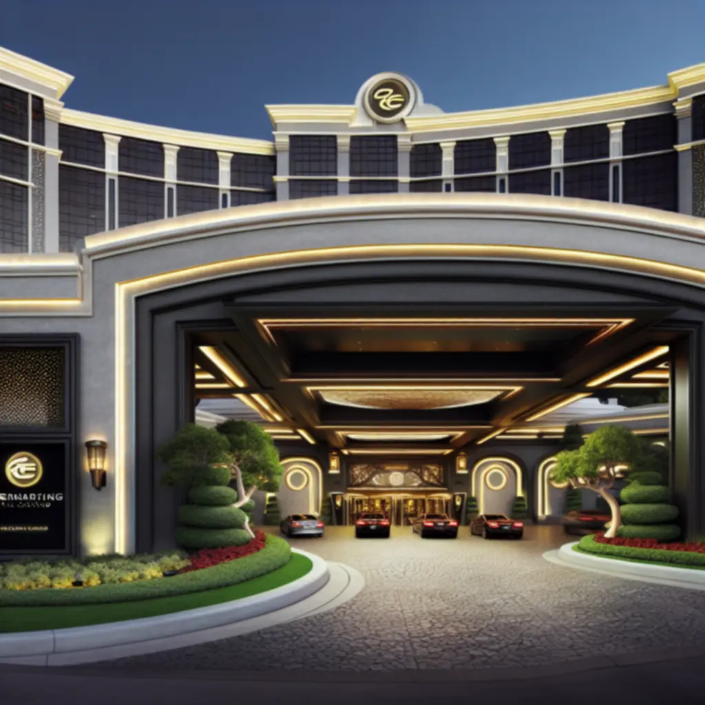 Cinematic view of a GraytonLux luxury casino hotel lobby with golden accents and dramatic lighting