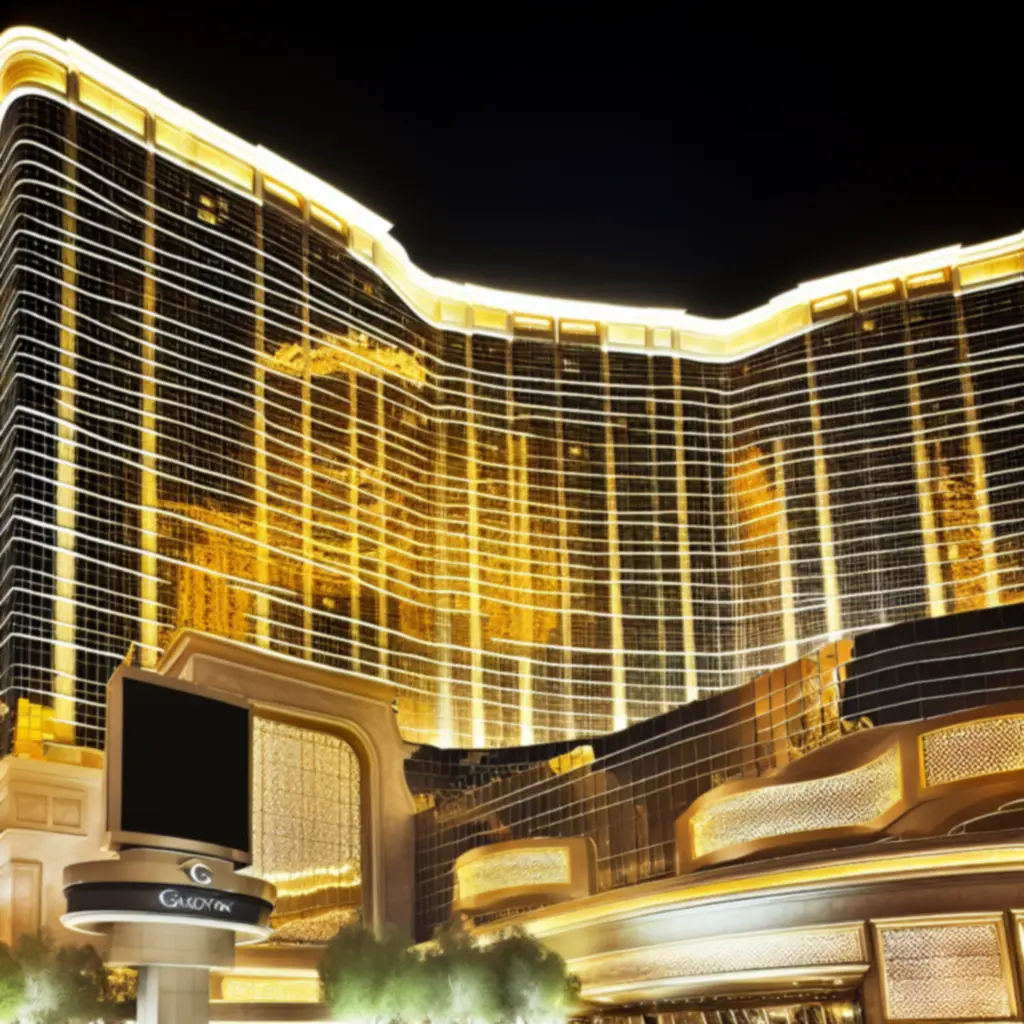 GraytonLux Las Vegas exterior with illuminated golden tower against the city skyline