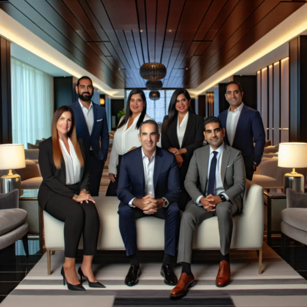 GraytonLux executive team in a luxury hotel lounge, reviewing plans for new guest experiences.