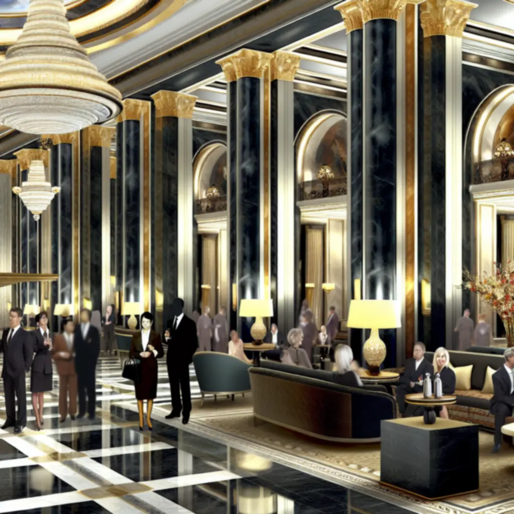 Cinematic view of a GraytonLux hotel lobby with warm lighting and luxurious furnishings