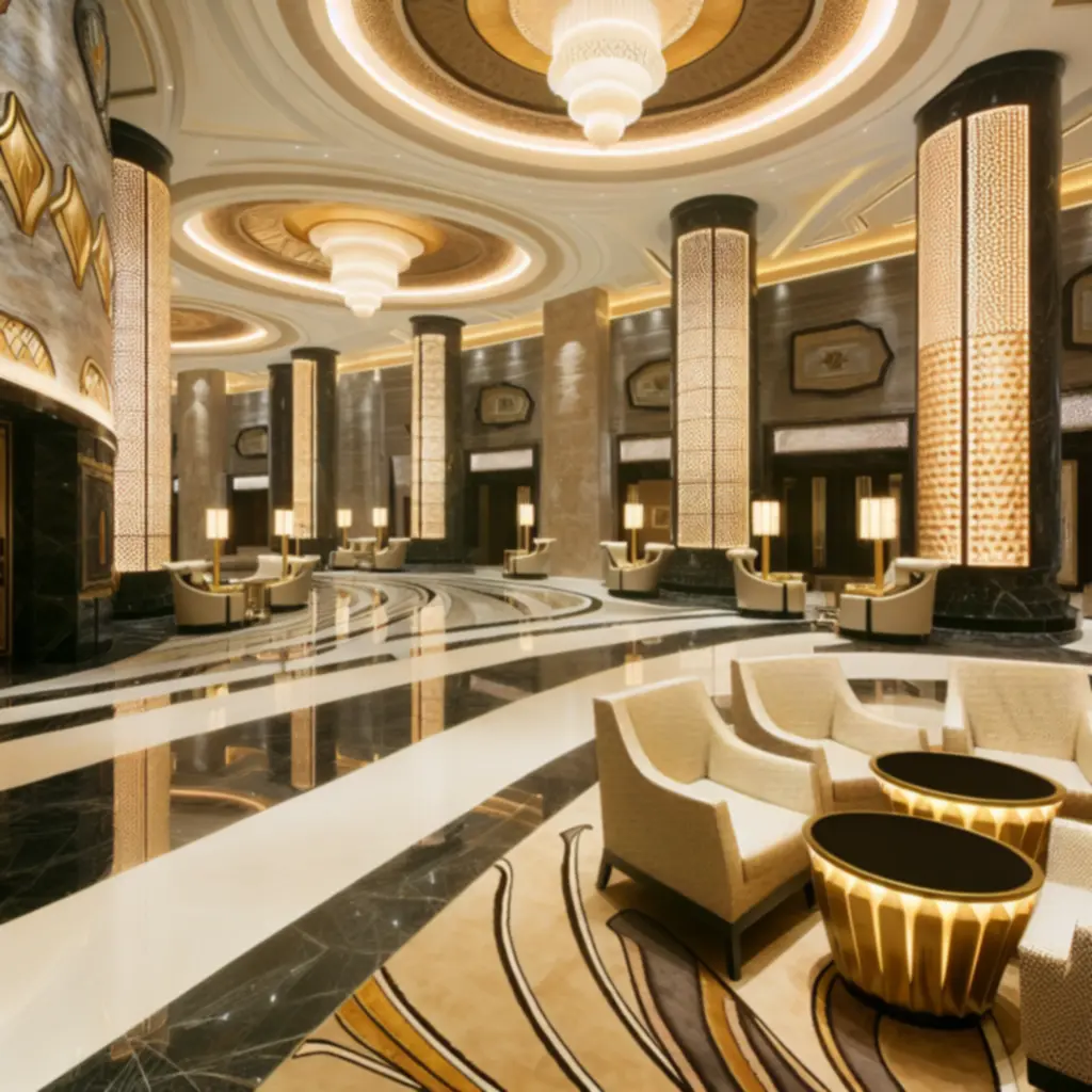 Palatial GraytonLux lobby in Saudi Arabia with grand arches and golden detailing