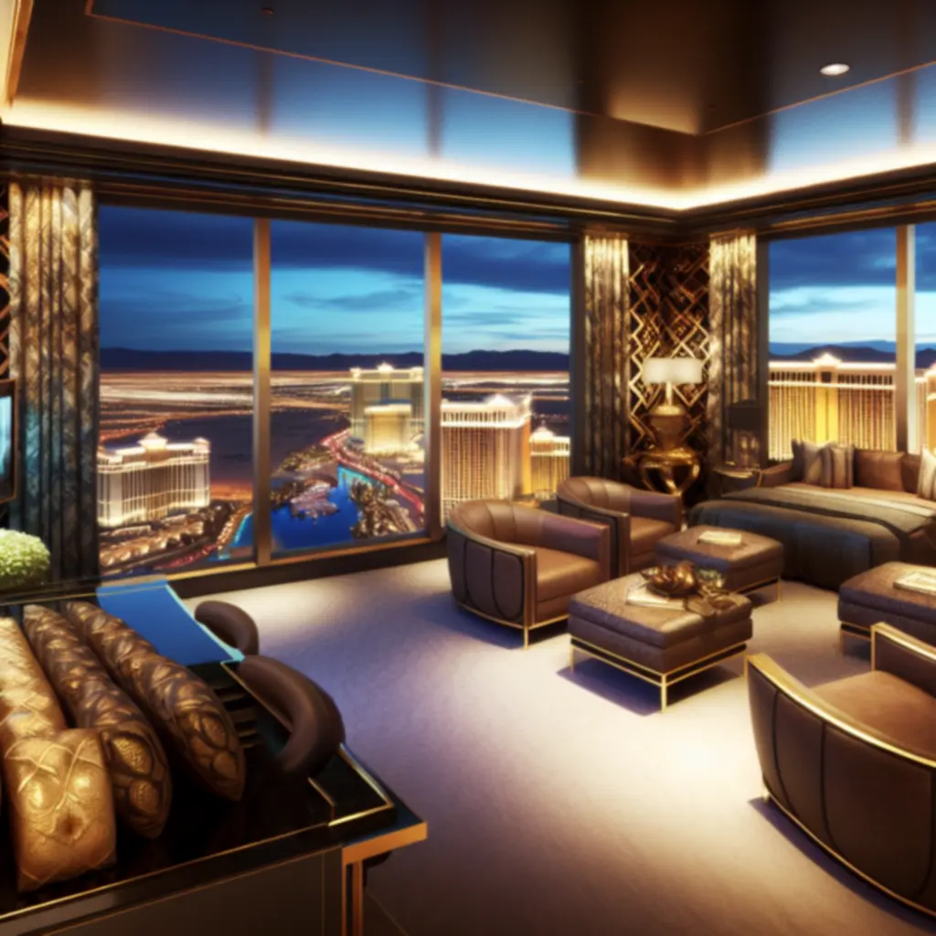Overview of a GraytonLux signature suite with panoramic night views and luxurious interior.