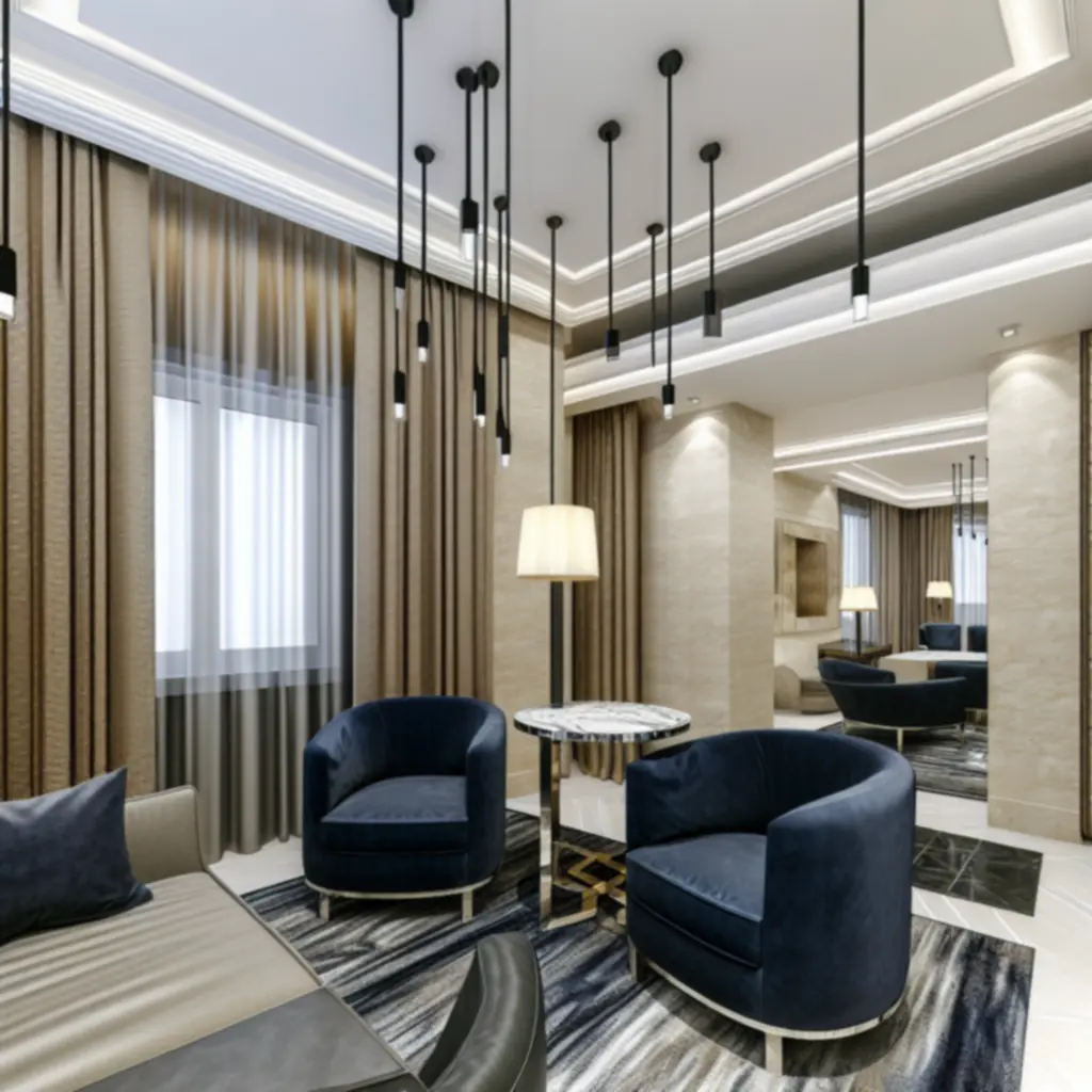 Luxurious GraytonLux suite interior with marble finishes and expansive living area.