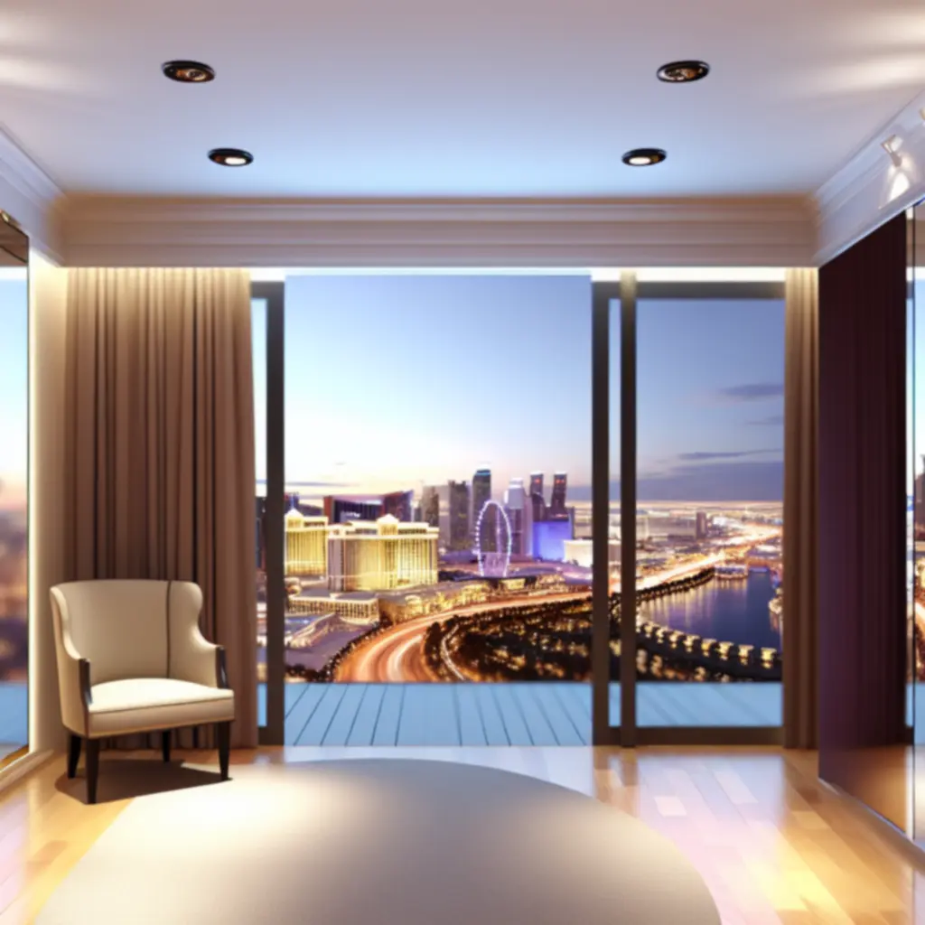 Night-time suite view overlooking an international city skyline from a GraytonLux property.