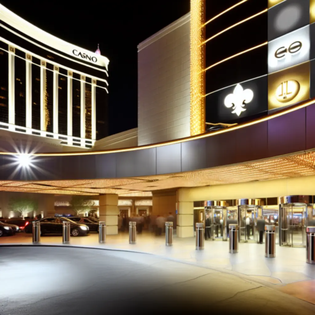 GraytonLux casino hotel exterior against a dramatic U.S. city skyline at dusk